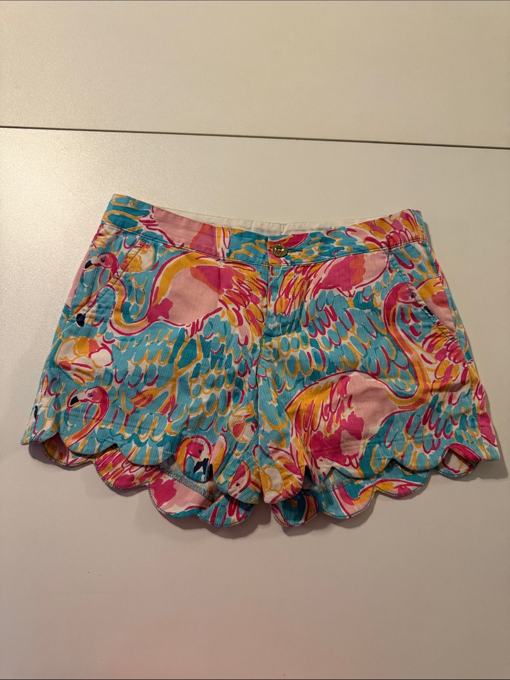 Women’s Scallop Hem Printed Shorts - Turquoise & Pink
